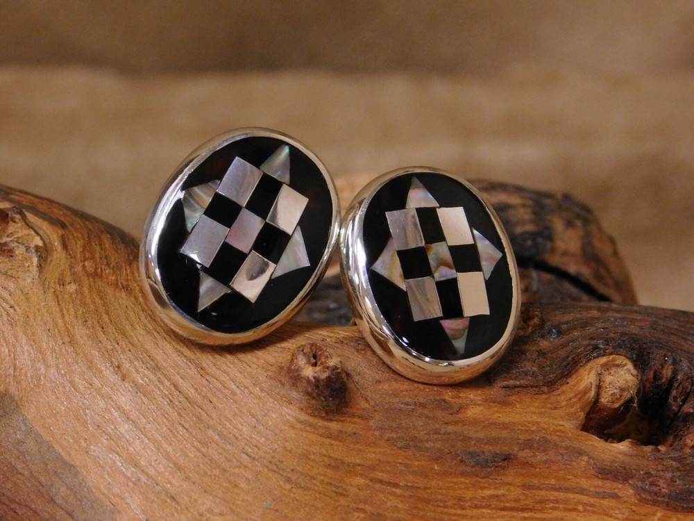 Vintage Sterling Silver Inlay Shell, Abalone and Jet Cuff Links