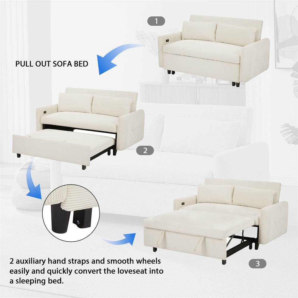 Convertible Sleeper Sofa Bed Loveseat Sofa Couch w/ Pull Out Bed & USB Ports