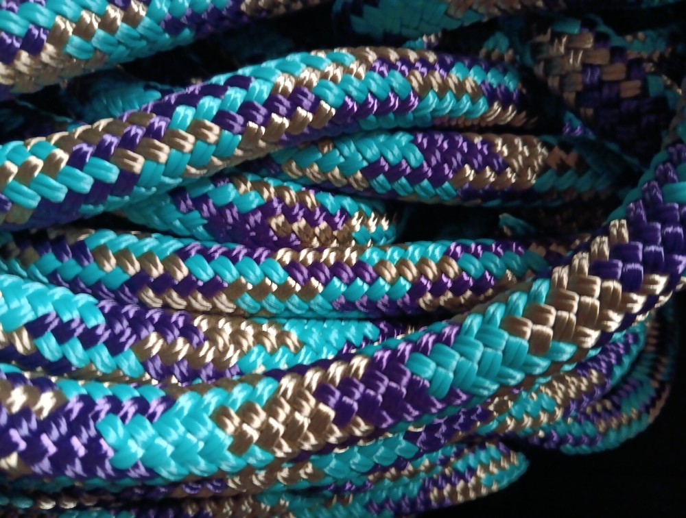 9/16 x 100 ft. Double Braid-Yacht Braid Polyester Rope. Purple/Gold/Turquoise