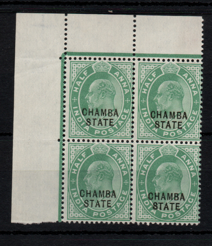 India KEVII Chamba State 1/2a green MNH Corner Block WS44216