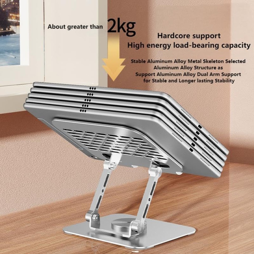 Adjustable Tablet Stand with 360° Rotating Base, Aluminum Dual-Rod Support,