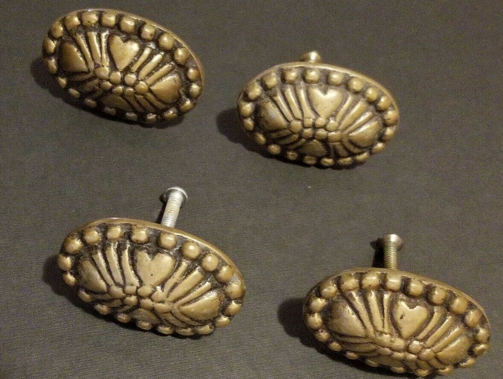 Set (4) Antique? Heart Design Solid Brass furniture pulls knobs marked KOREA