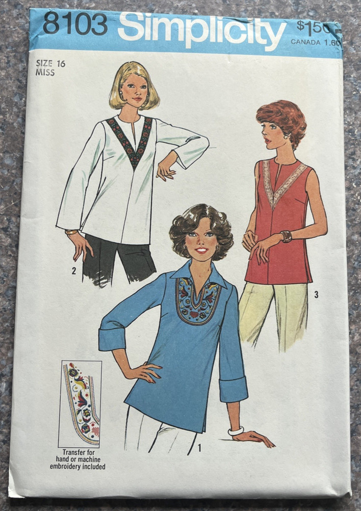 70's Simplicity Sewing Pattern 8103 Embroidery Transfer Tops front slit Size 16