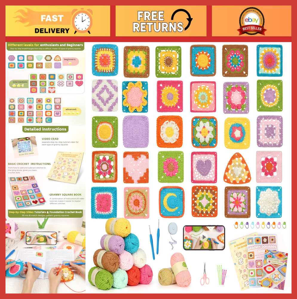 Beginner Crochet Kit with Video Tutorials, 50 Patterns, Upgraded Yarn, Easy Star