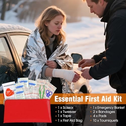 Emergency Car Kit - Roadside Tool Set with Air Compressor, Jumper Cables & First