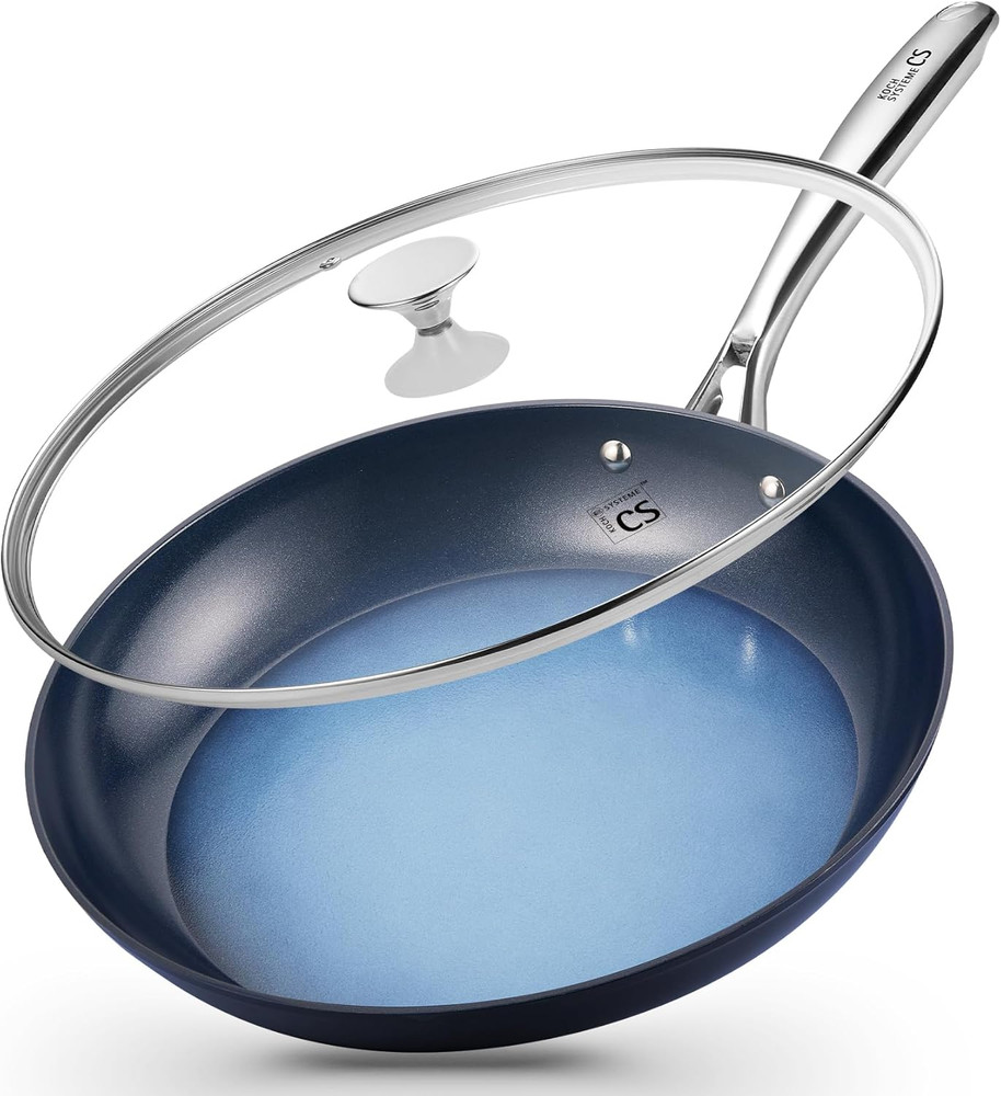 Large 14" Nonstick Frying Pan with Lid, Oven Safe & Induction Compatible, Blue