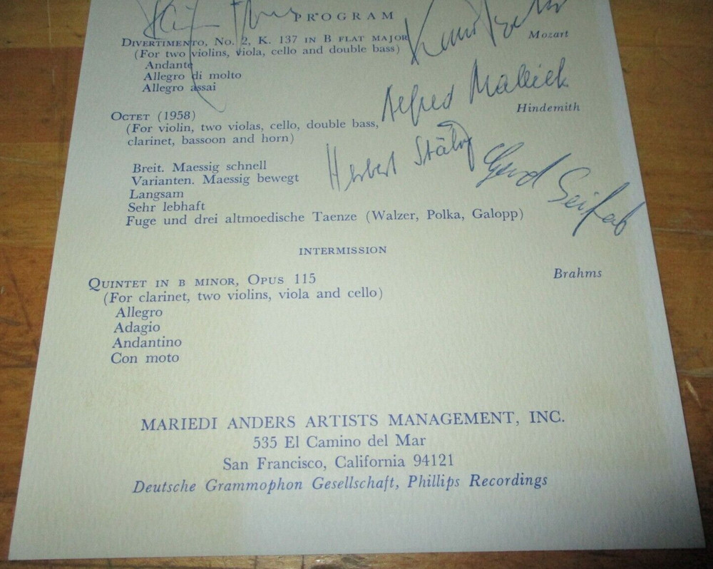 Vintage Berlin Philharmonic Octet Signed Program - 11/24/1969 Performance