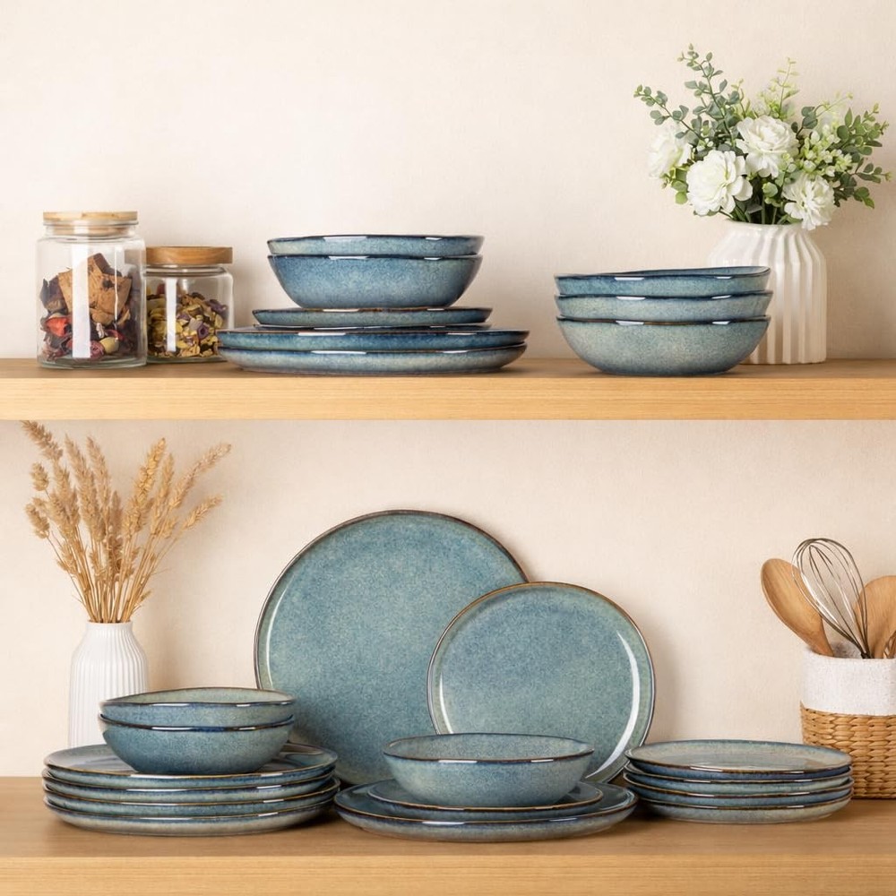 Ceramic Dinnerware Sets,Handmade Reactive Glaze Stoneware Plates and Bowls Se...