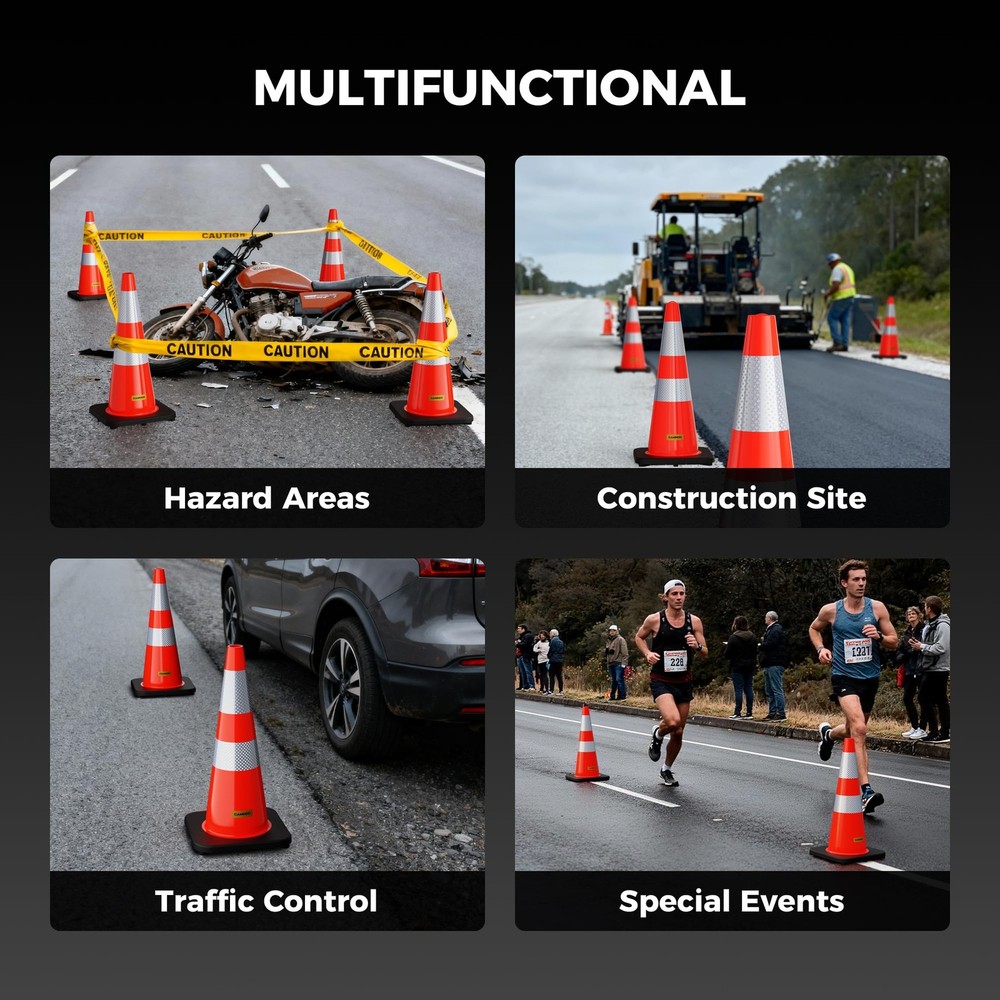 6 Pack 28 Inch Traffic Cones Black Base Reflective Collar Caution Tape