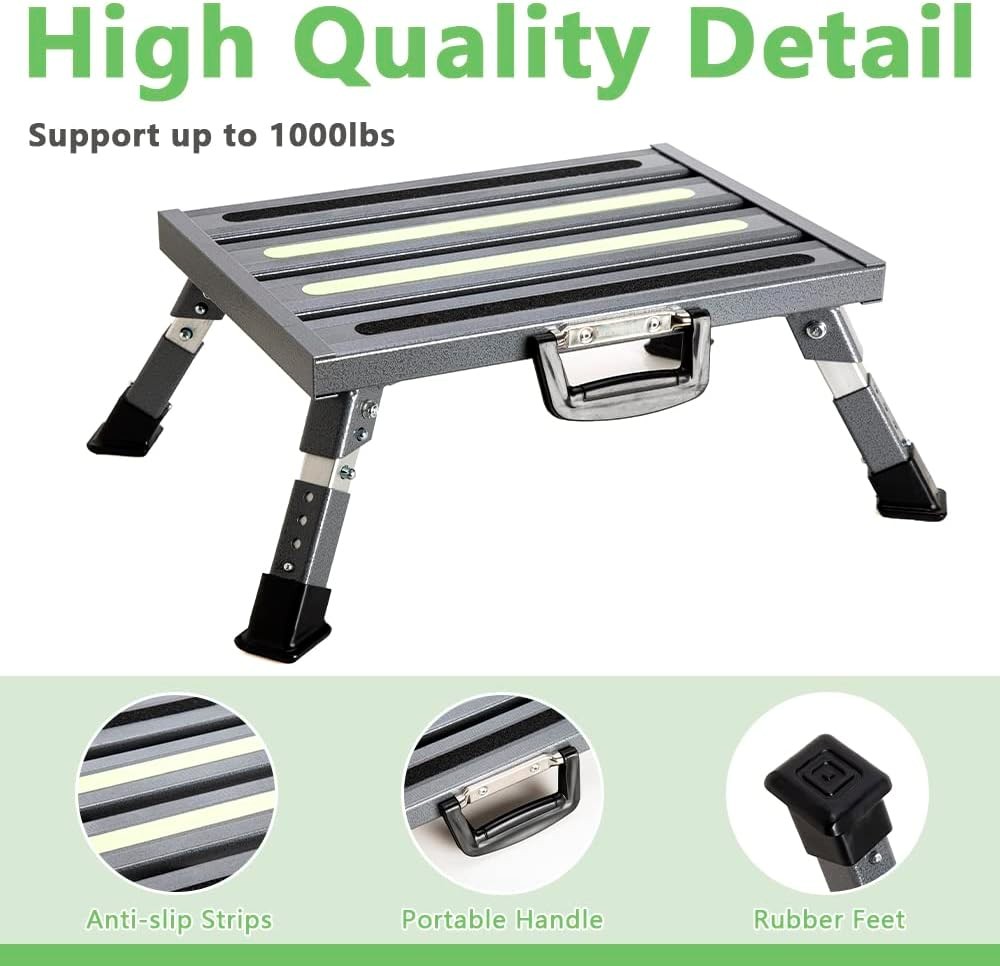 Aluminum RV Steps, 4-Level Adjustable Folding Step Stool with Non-Slip Rubber