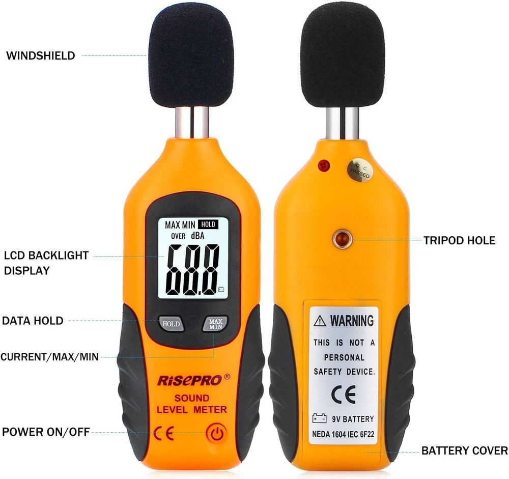 Portable Digital Sound Level Meter with Backlit Display & Waterproof Design