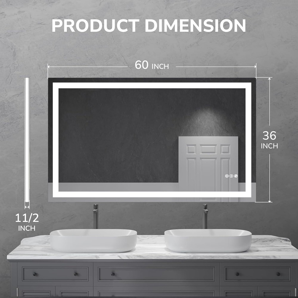 60x36" LED Bathroom Mirror Touch Lighted Vanity Mirror Dimmable Tempered Glass
