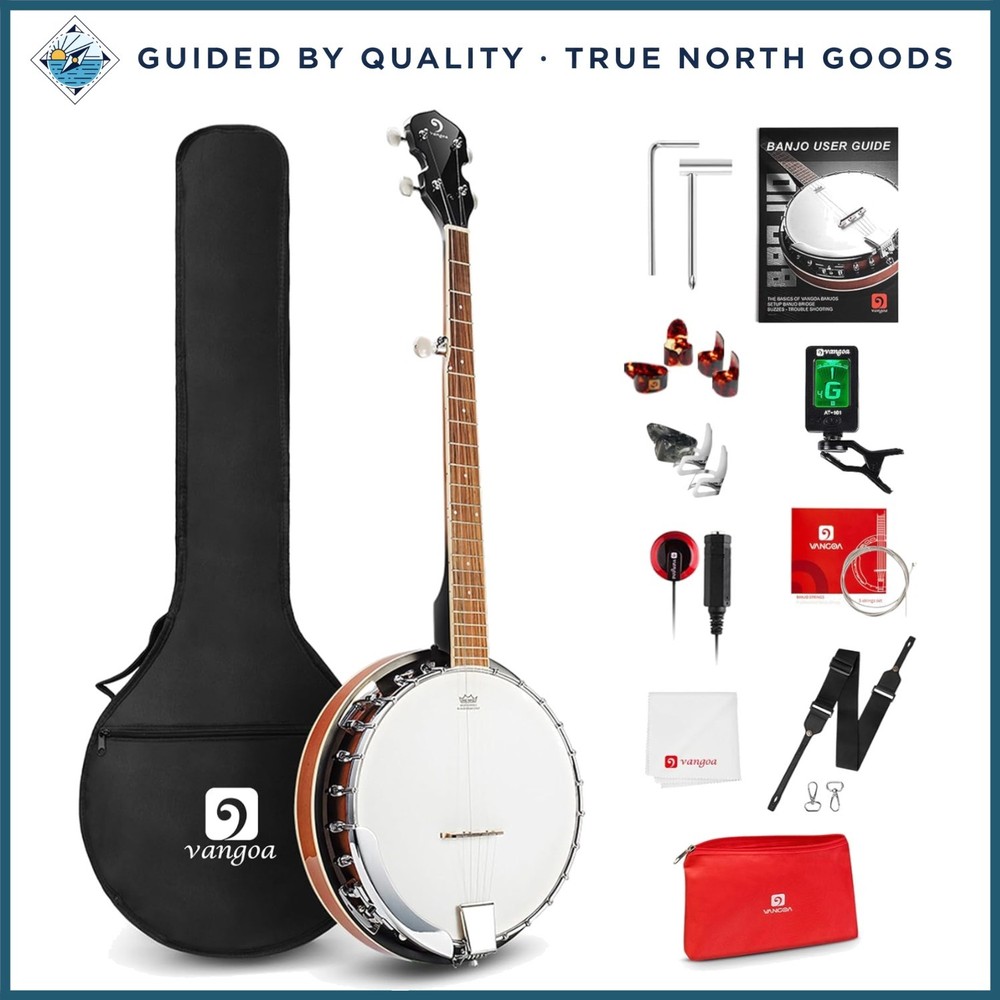 Beginner Banjo Kit with 5 Strings, Mahogany Body and Adjustable String Height