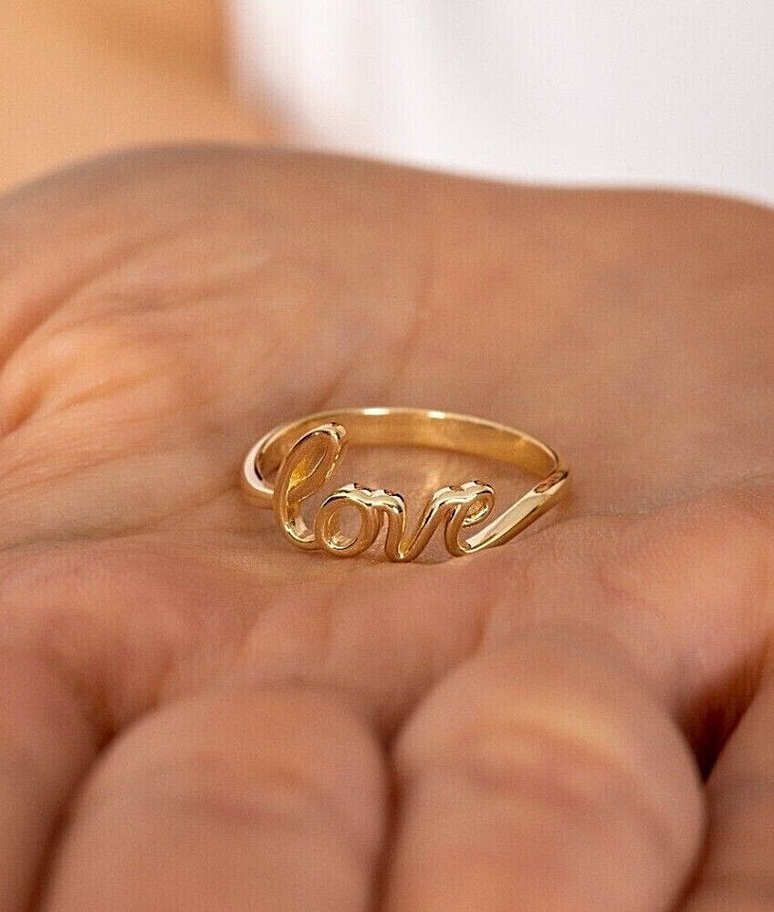 Real 14K Solid Gold Love Ring, Script Love Ring, Dainty Love Ring
