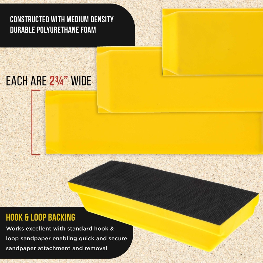 5", 7-3/4" and 10" Rectangle Hand Sanding Blocks, Hook & Loop Backing, PSA Pad