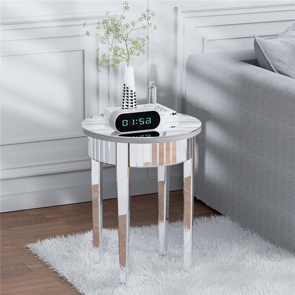 Round Venetian Mirrored Side Table Sofa Bedside Coffee Table Storage Wood Frame