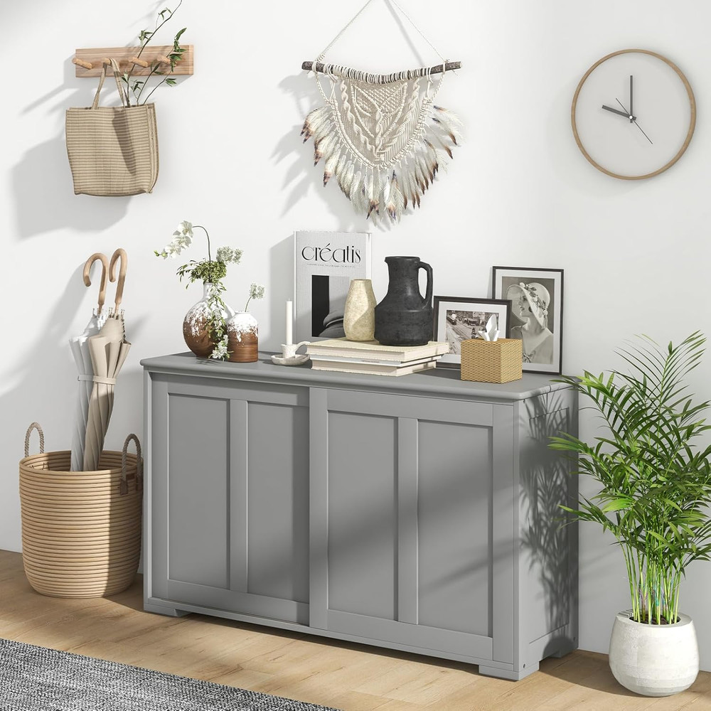 Grey Buffet Cabinet with Storage, Sliding Door & Adjustable Shelves