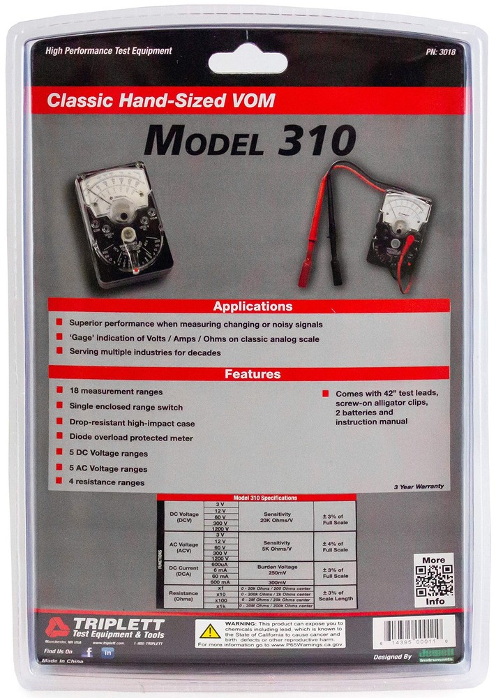 Triplett 3018 Model 310 Hand-Sized Analog Multimeter - AC/DC Voltage, DC Current