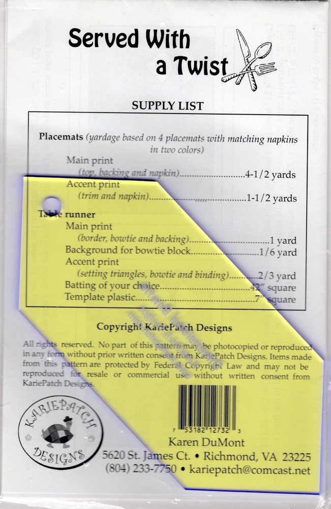 "Served With a Twist" Kariepatch Designs Quilting Pattern/Inst. Pack w/Template