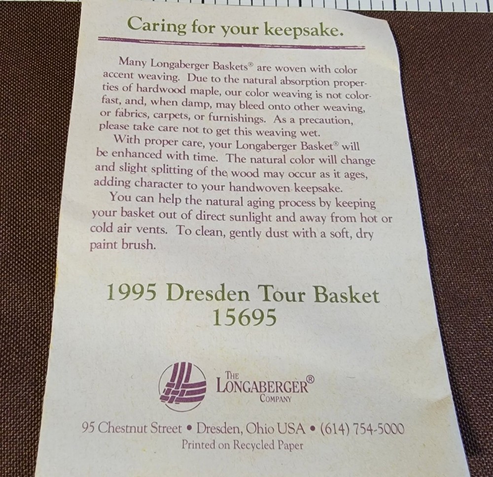 Longaberger 1995 Dresden Tour Basket Plastic Liner Handle Signed