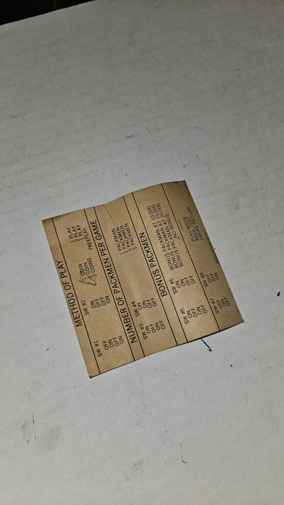 Pac Man original settings instruction card