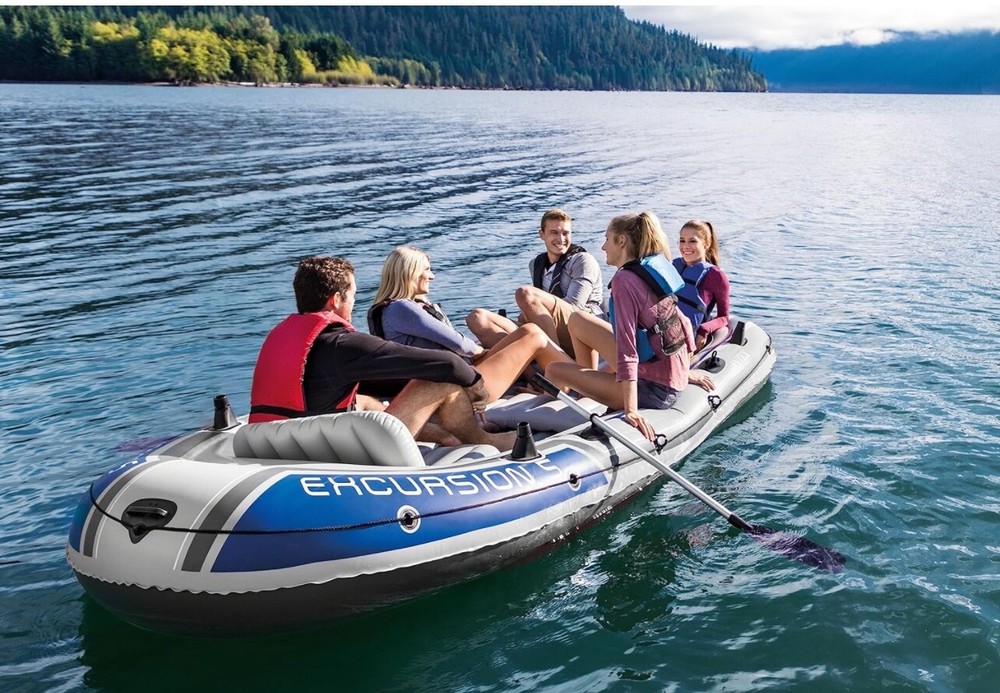 "INTEX Excursion Inflatable Boat Set: Oars, Pump, Rod Holders"