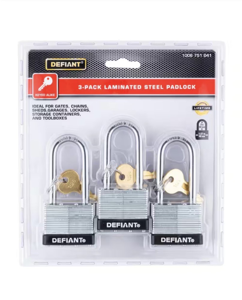 Defiant 3 Pack Laminated Steel Padlock 3 Keys