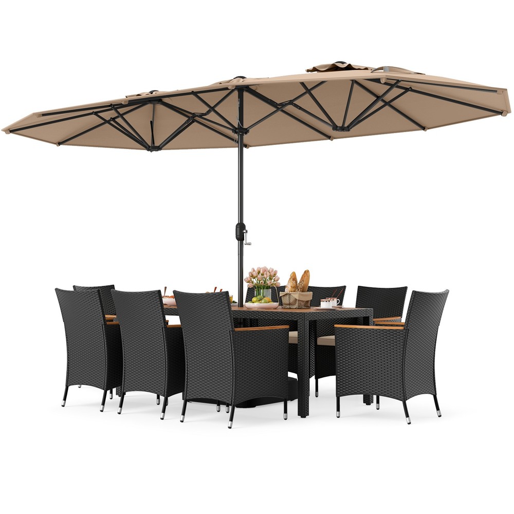 11PCS Patio Wicker Dining Set w/Double-Sided Outdoor Umbrella 8 Stackable Chairs