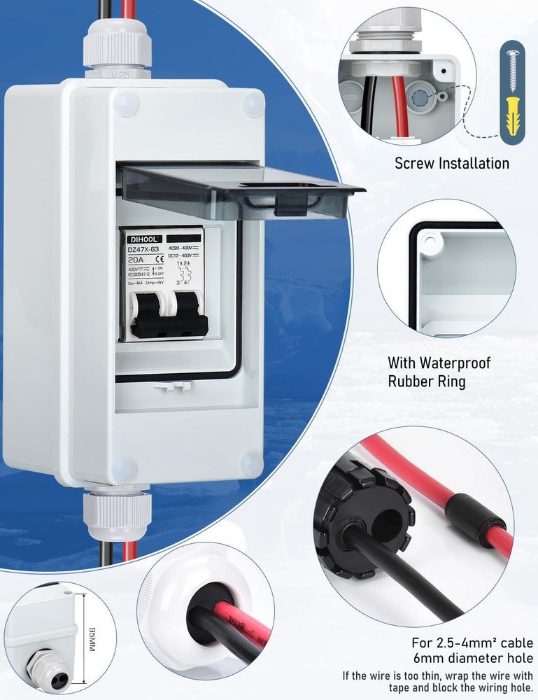Solar Panel Disconnect Switch DIN Box 20A Dual Pole Circuit Breaker
