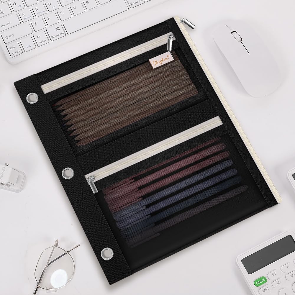 SKYDUE Pencil Pouch for Binder, Case, 3 Ring Binder Black