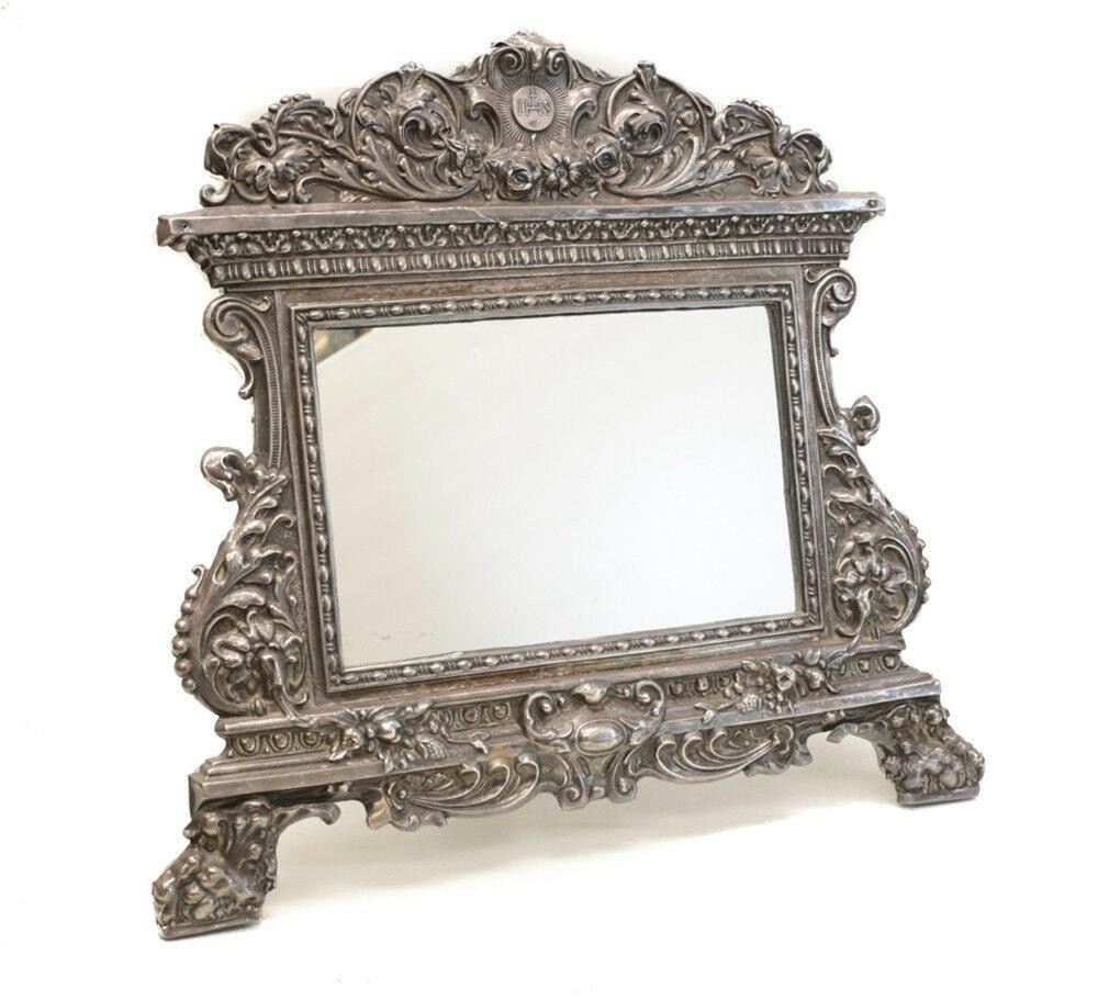 Sterling Silver Repousse Footed Table Mirror Catholic IHS