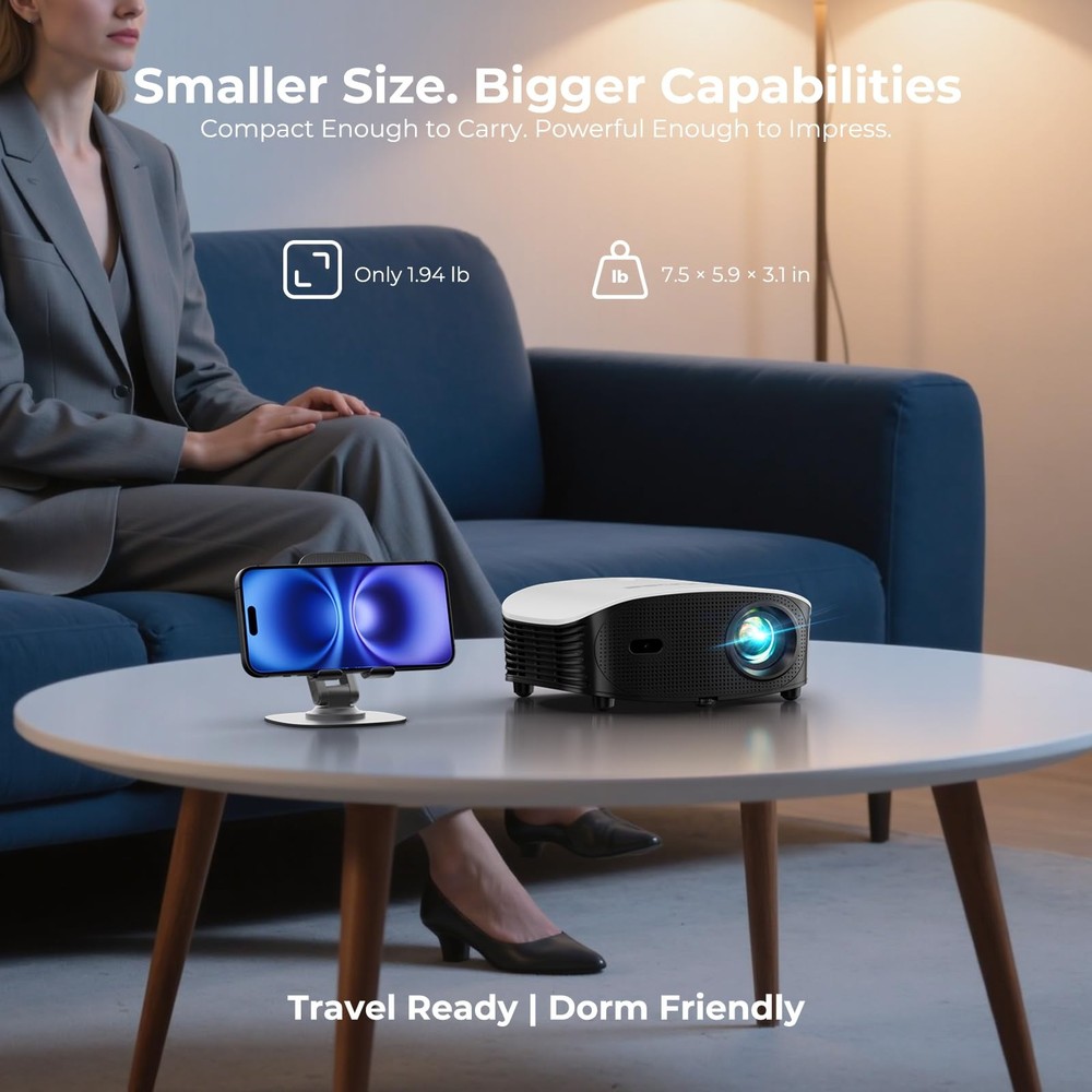 Smart Mini Projector with WiFi and Bluetooth - 1200 ANSI 4K Support, Compatib...
