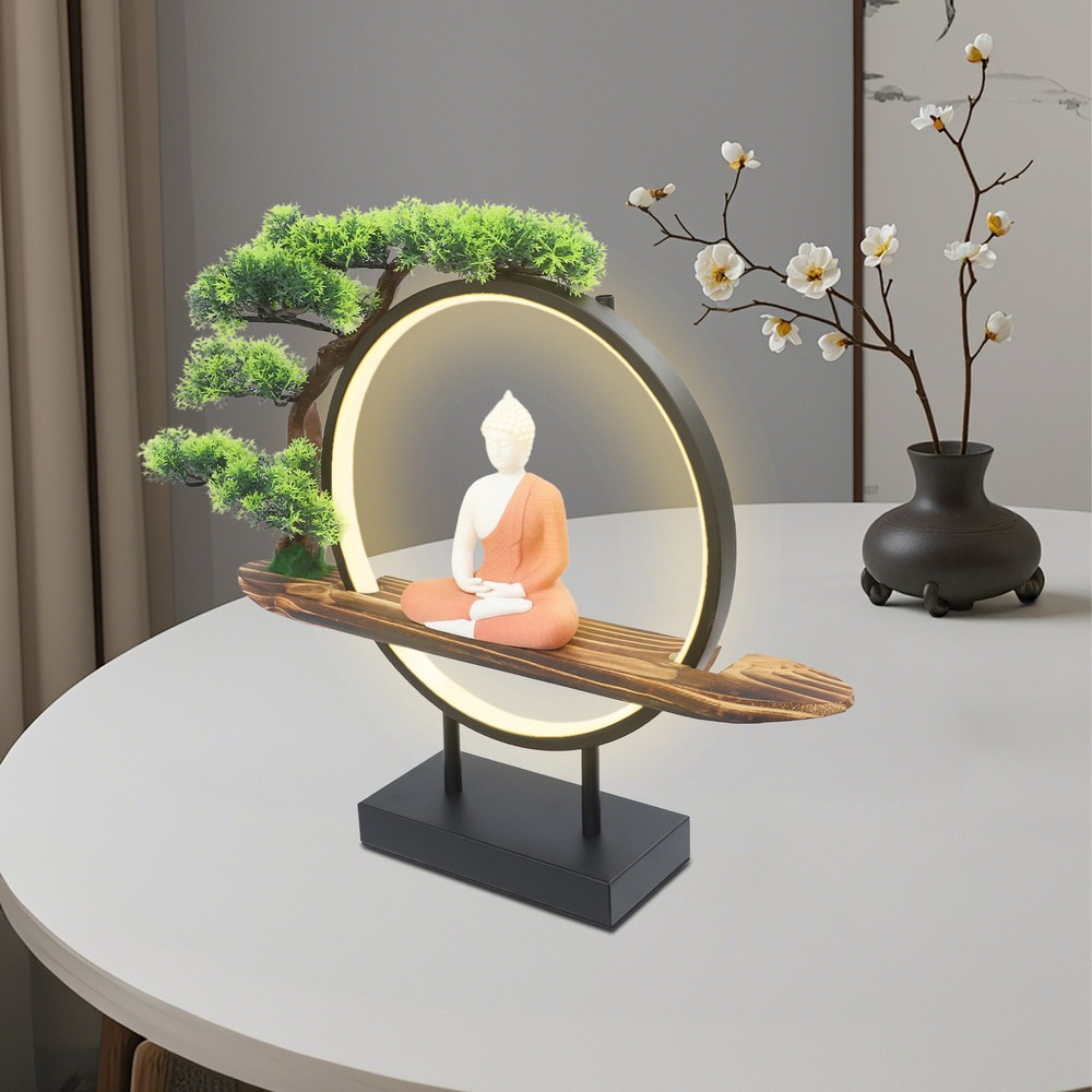 Buddha Statue Circle Lamp Tabletop LED Lighting Light with Green Artificial Tree