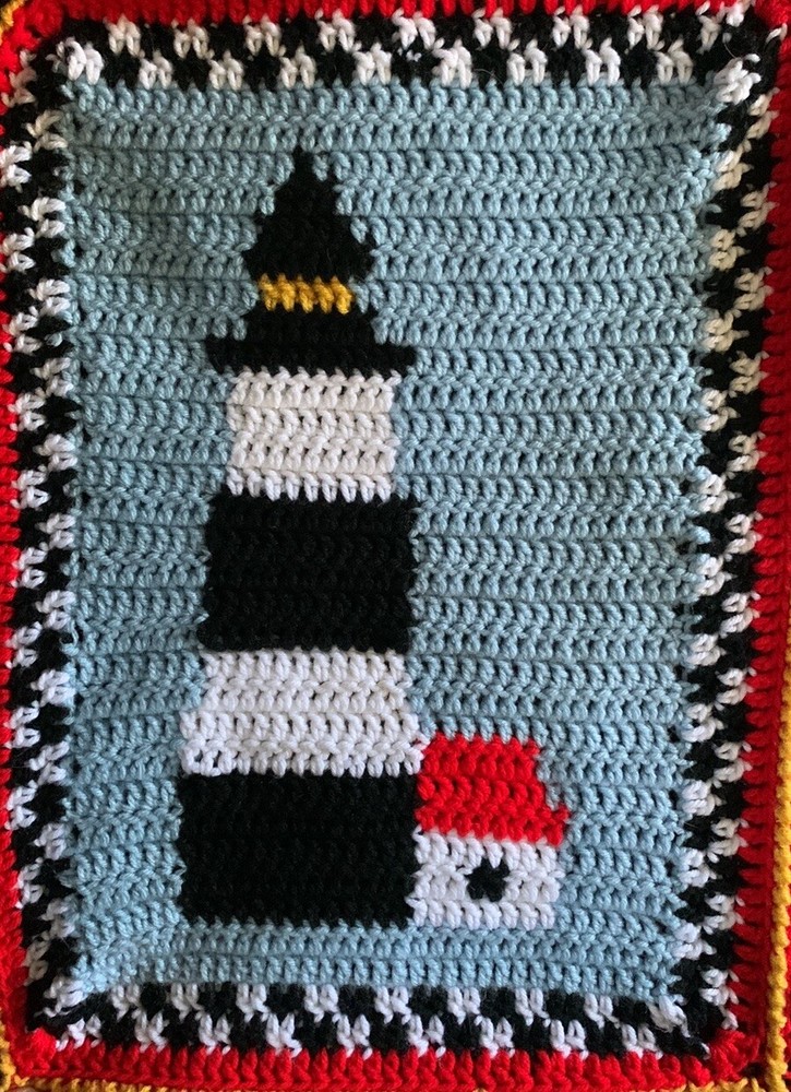 Handmade Nautical Theme Multicolored Lighthouse Patten Crochet Throw Blanket
