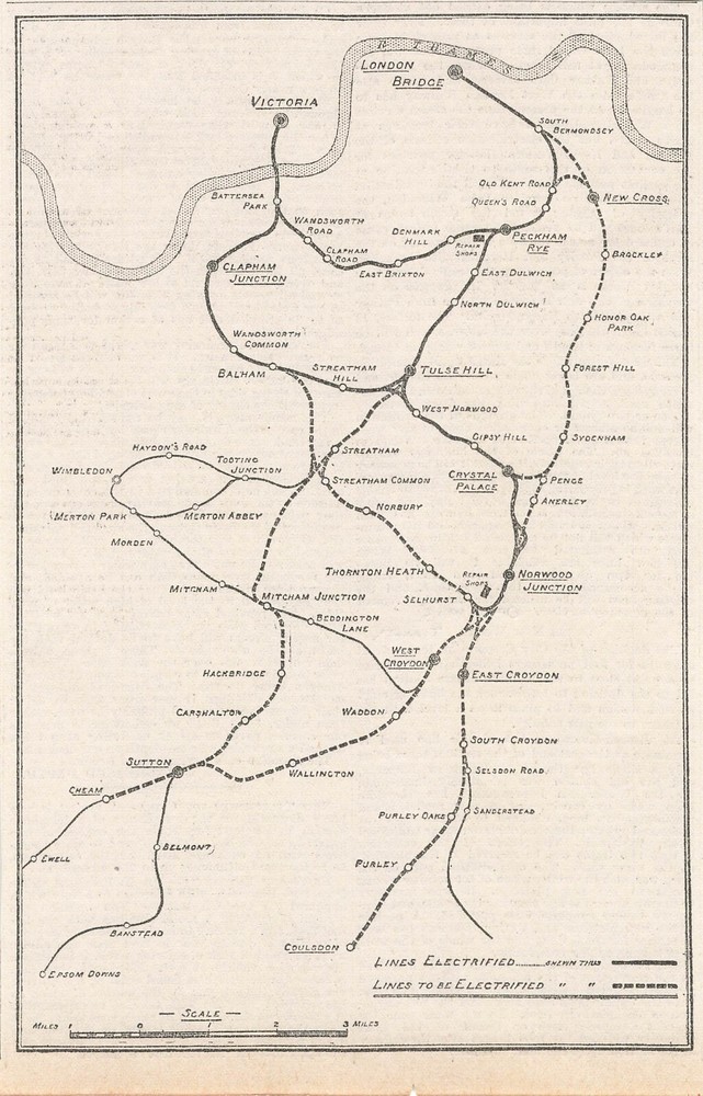 1913 London Brighton & South Coast Railway Electrification Extensions Map