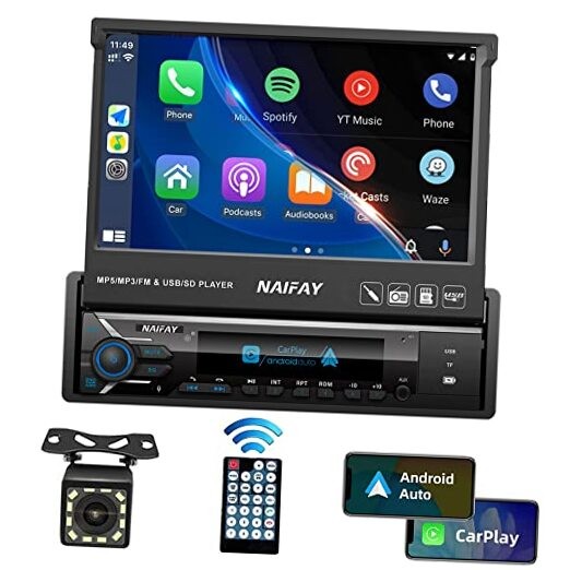 Single Din Touchscreen Car Stereo with Carplay & Android Auto, 7inch Flip Out