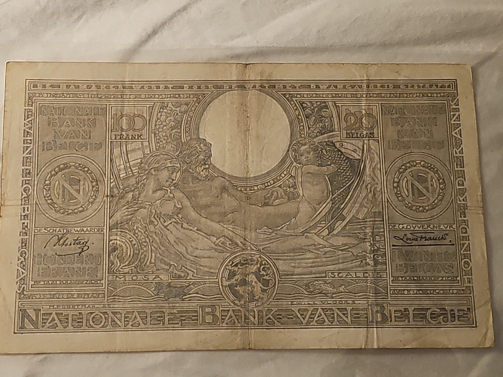 1937 Belgium 100 Francs Note; Pick 107 Nice aVF