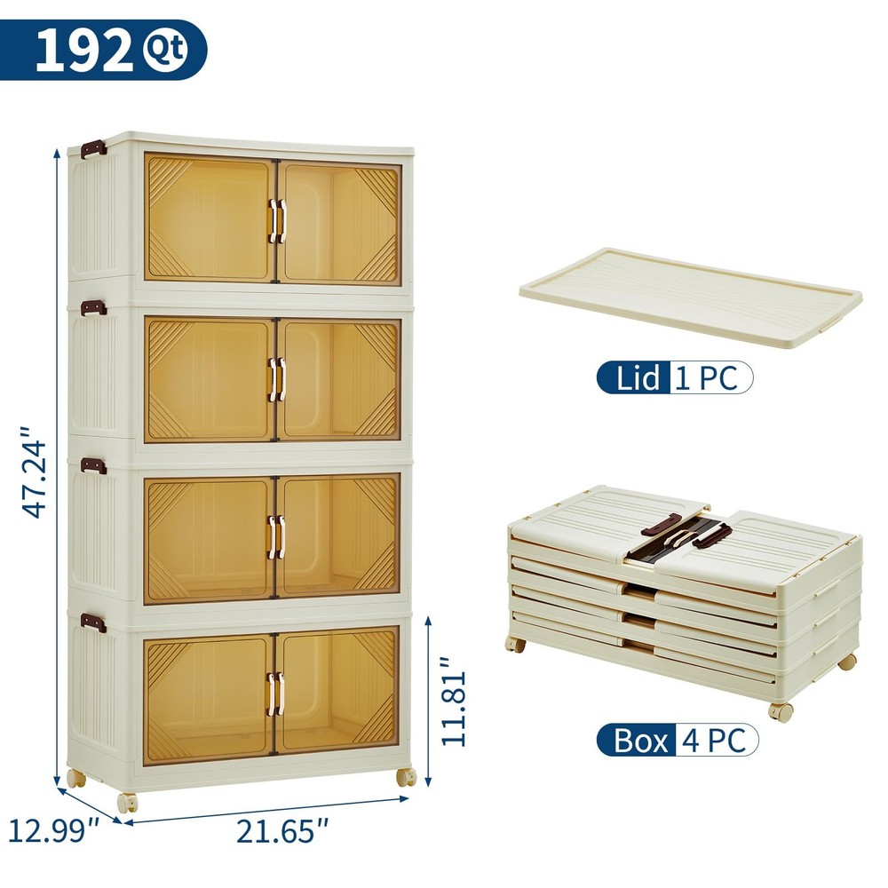 192QT Stackable Storage Bins, Folding Storage with Magnetic Doors & Wheels, L...