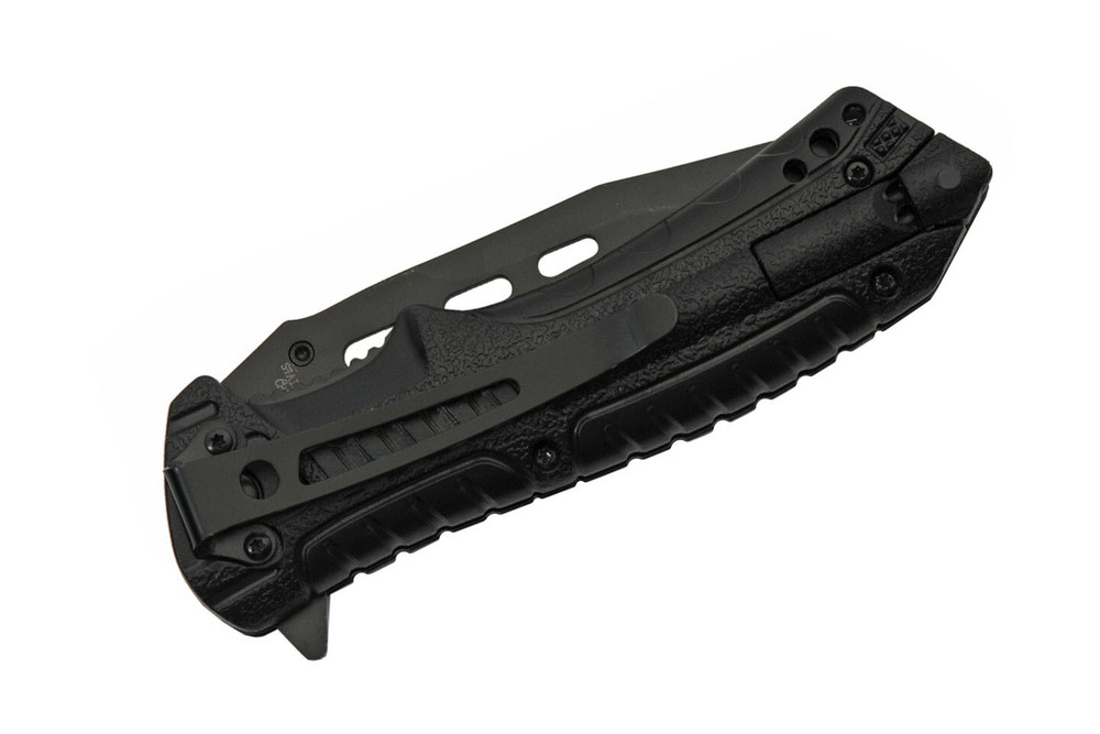 Spring-Assist Folding Knife | Survival Black 3.5" Blade + Firestarter & Whistle