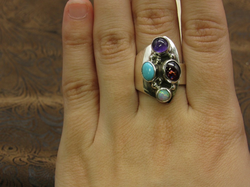 Adjustable Sterling Silver Multi Stone Ring Size 7+