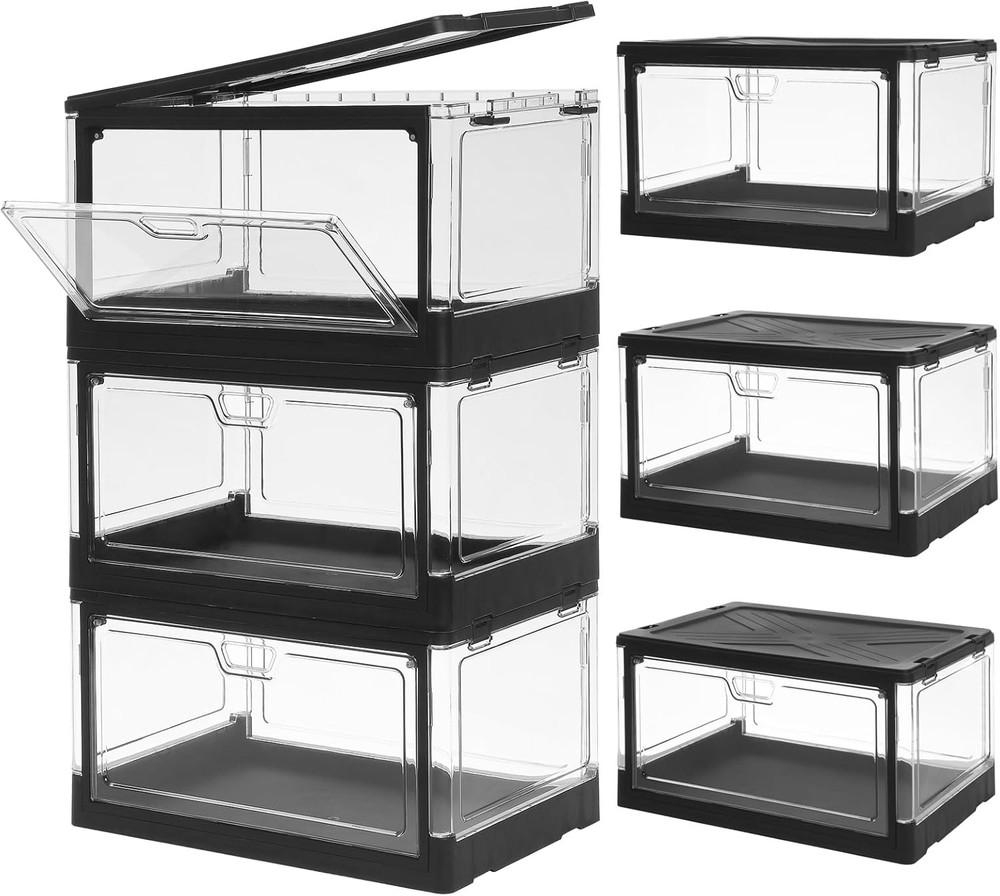 3-Pack Clear Stackable Storage Bins W/ Lids Magnetic Doors Open Front Foldable
