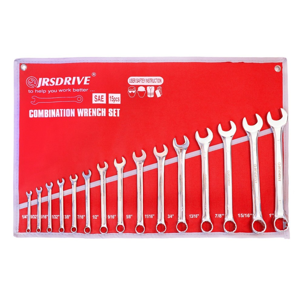 JRSDRIVE Combination wrench Set 15 Pcs SAE Full Polished Chrome Plated | E-2004