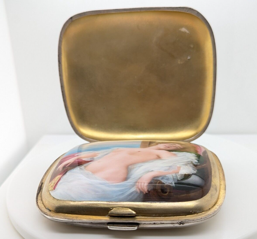 Silver and Enamel Cigarette Case with Concealed Erotic Enamelled Scene
