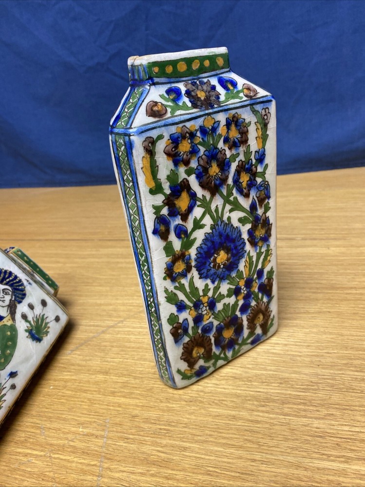 2 Antique Persian Qajar Pottery 9” Triangular 19th Century Vases