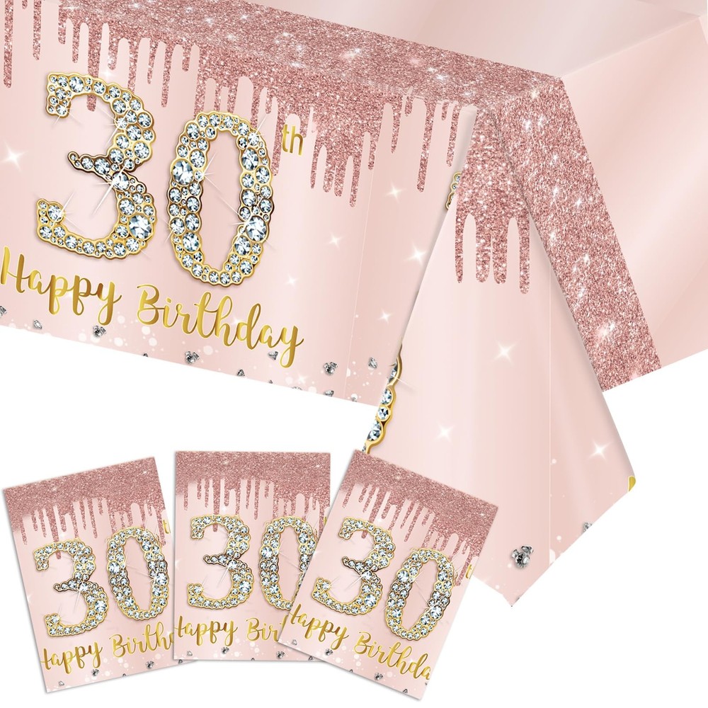 3 Pack Rose Gold 30th Birthday Tablecloths for Women - Rectangular Waterproof...