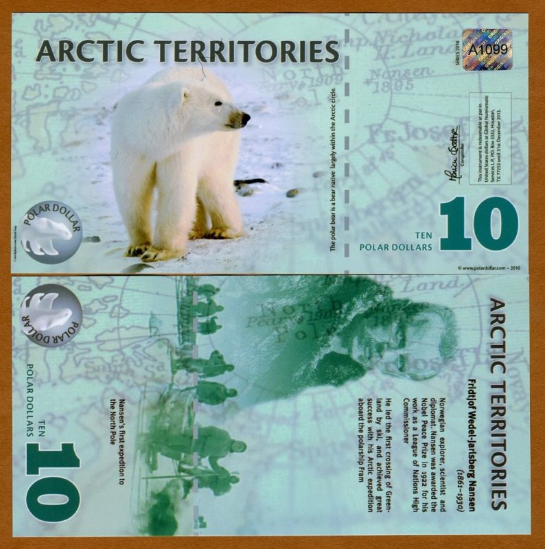 Arctic Territories, $10, 2010, Polymer UNC Polar Bear