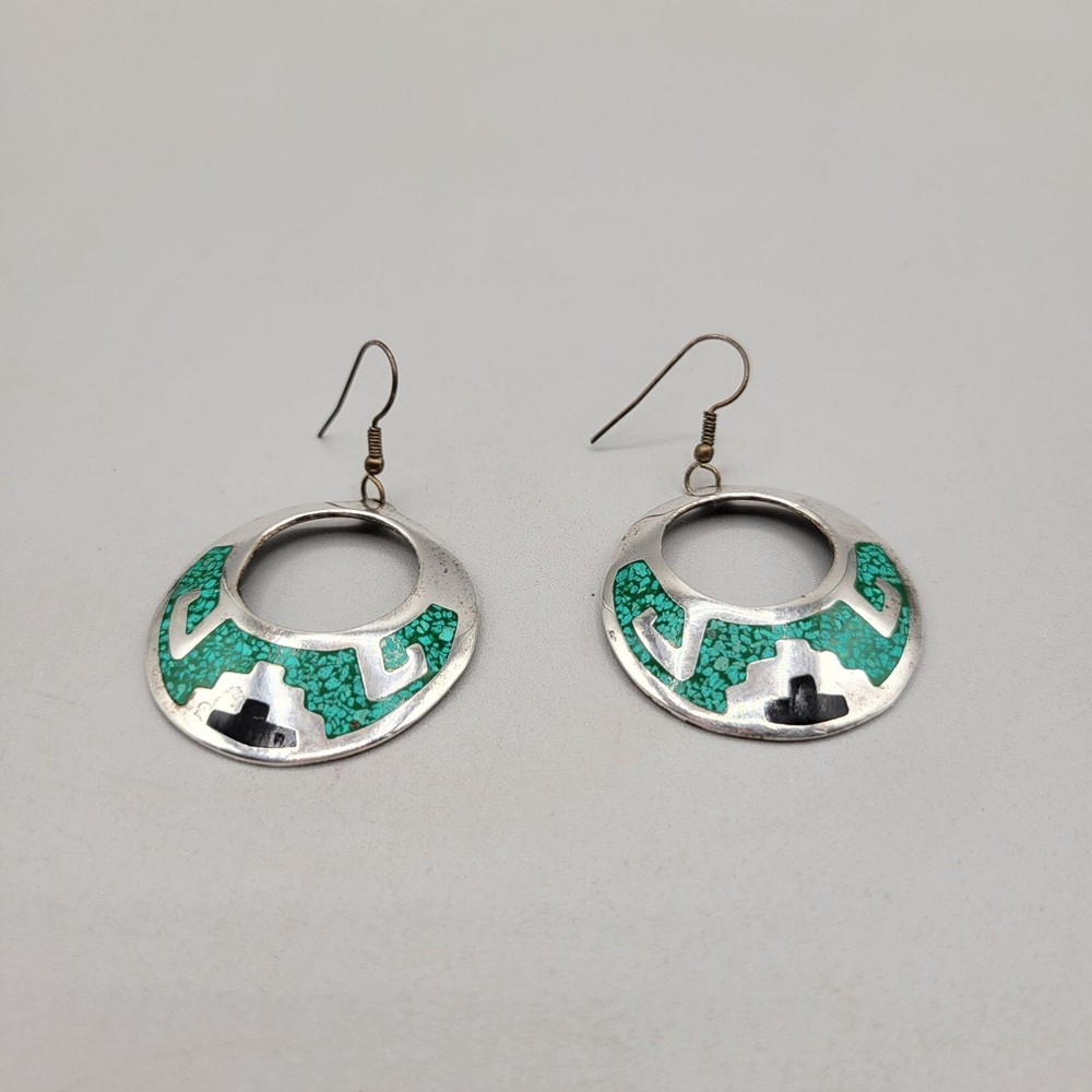Turquoise Onyx Sterling Silver Dangle Drop Earrings Alpaca Mexico