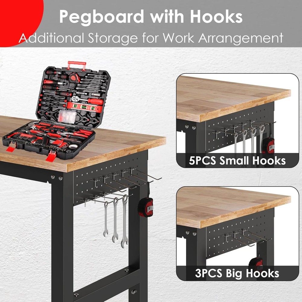 48" Adjustable Work Bench with Power Outlet,Rubber Wood Top Work Table,2000 LBS