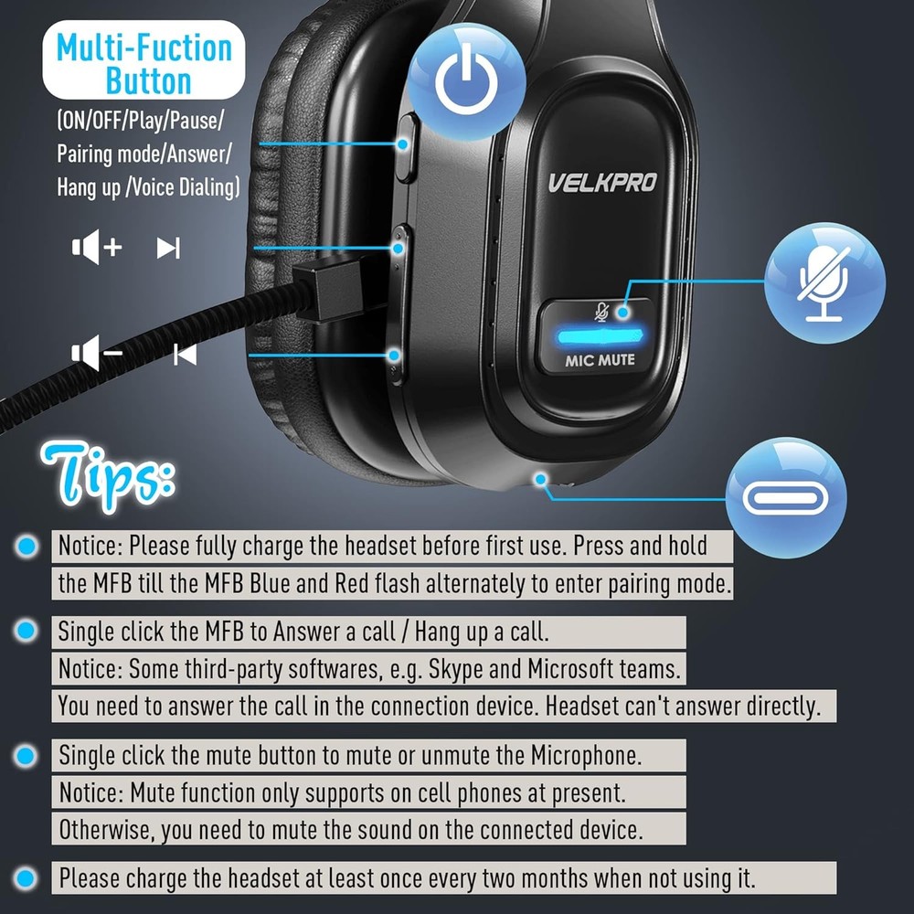 WIRELESS HEADPHONE WITH MICROPHONE Single-Ear Adjustable Noise Cancelling Mic