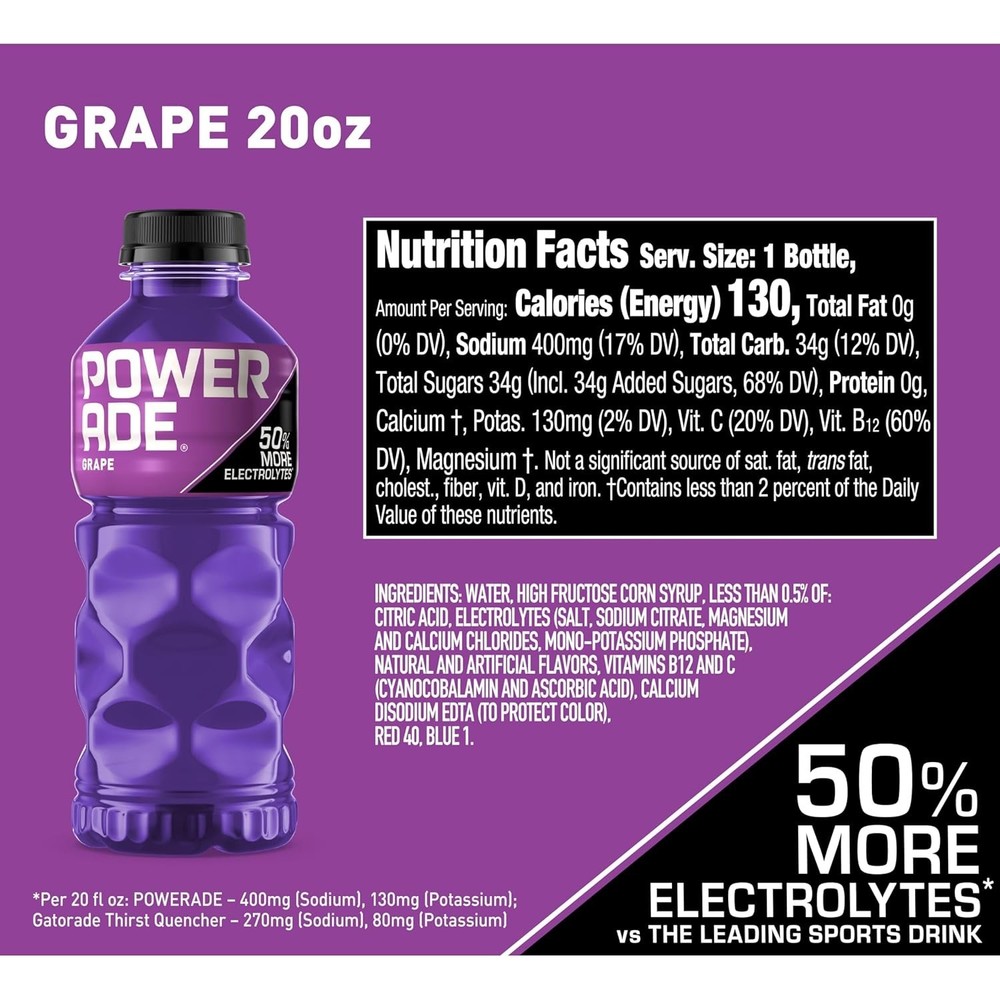 Powerade Sports Drink Grape 20oz 8 Pack Electrolyte Hydration Beverage